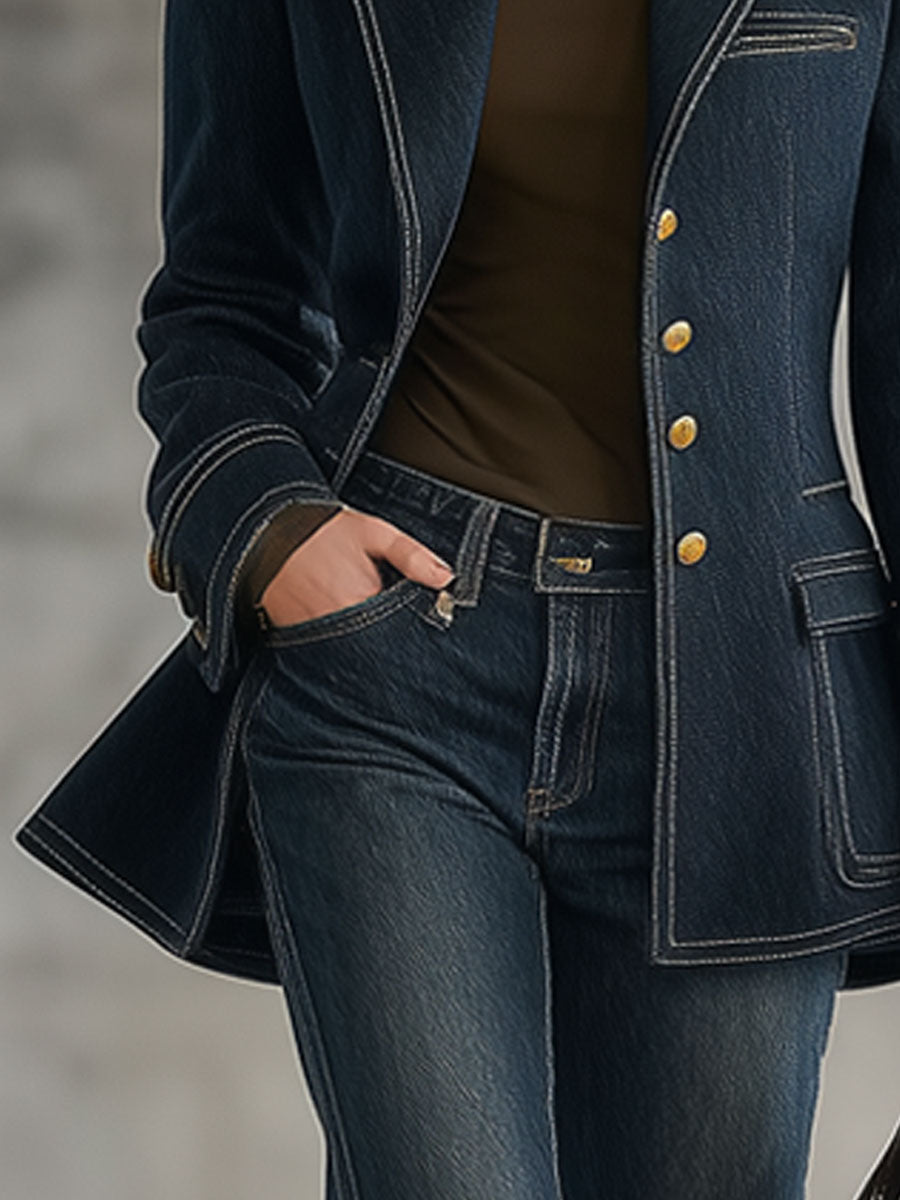 Fashion Retro Topstitched Navy Blue Denim Jacket