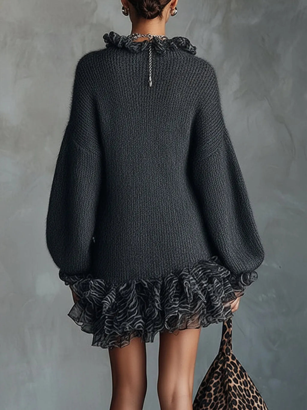 Gray Knit Mini Dress With Ruffled V-Neckline And Chiffon Hem