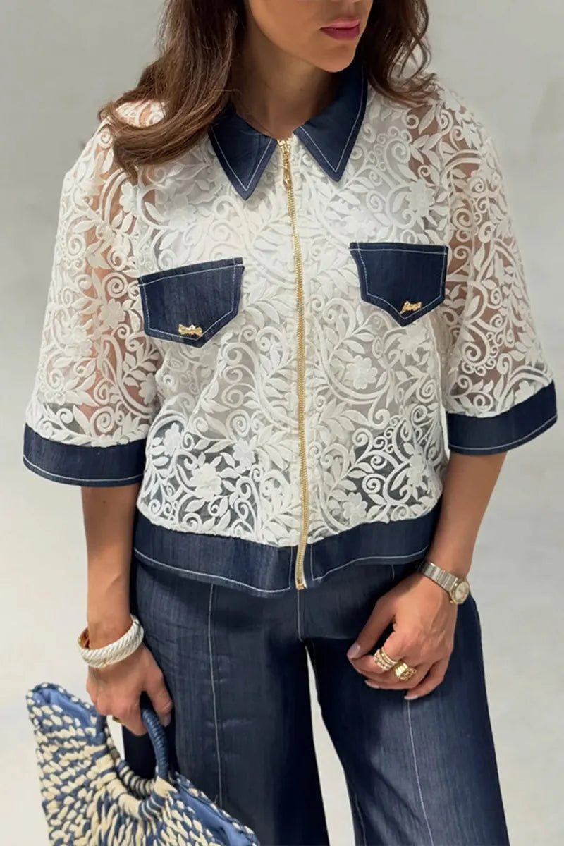 Women's Fashion Pattern Mesh Panel Denim Jacket or Wide Leg Jeans