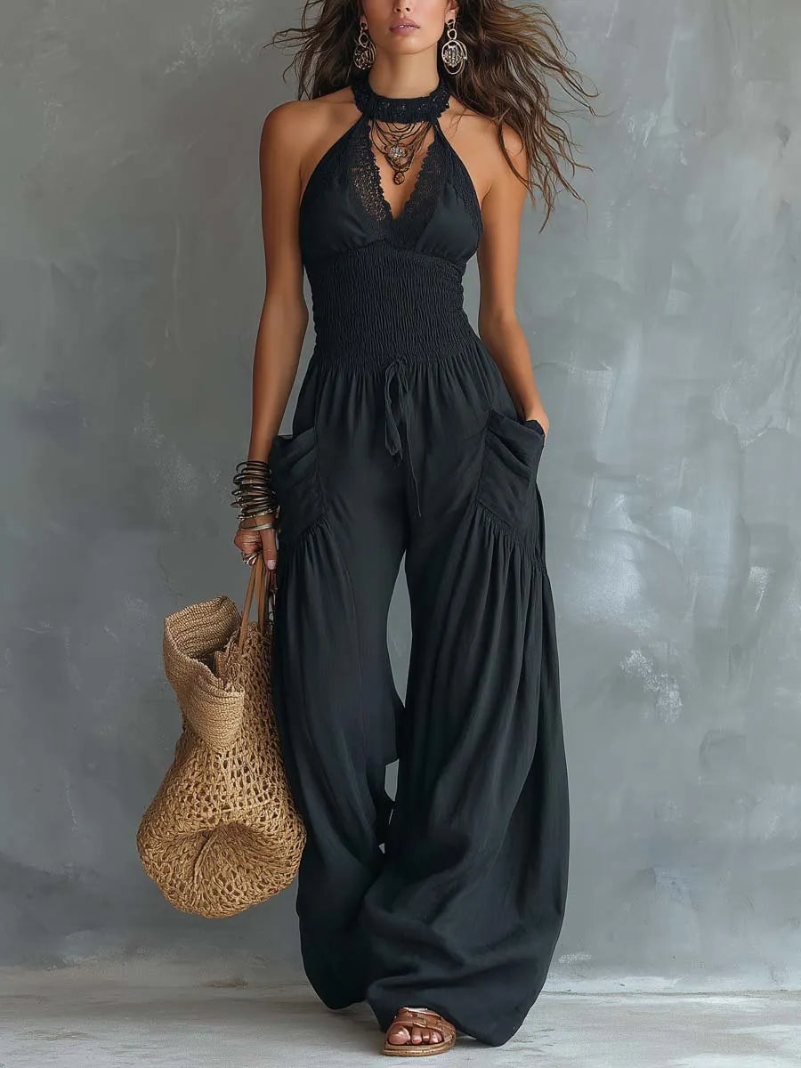 Retro Lace Halter-Neck Jumpsuit With Pockets