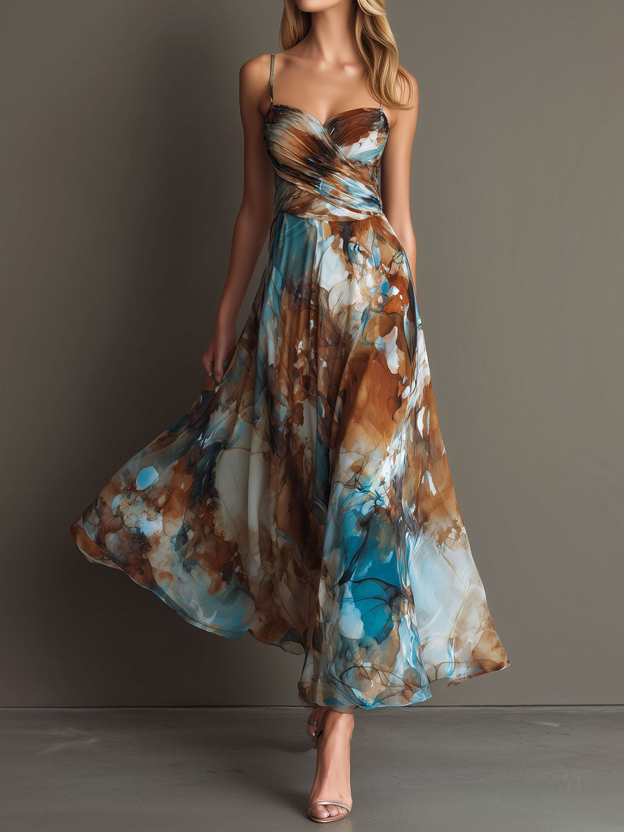 Boho Watercolor Print Chiffon Spaghetti Strap Maxi Dress