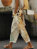 Vintage Ink Flower Print Casual Cotton Linen Pants