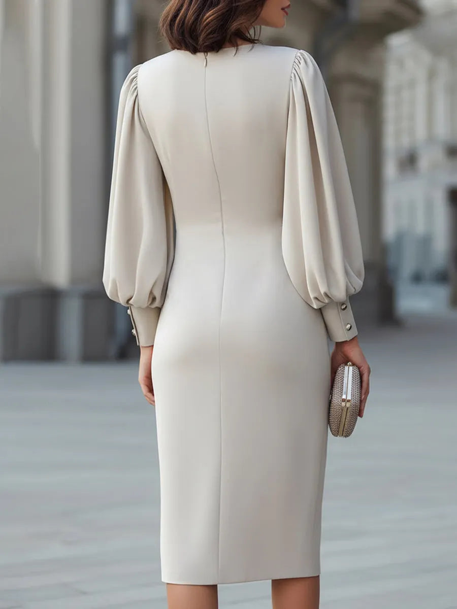 Draped Waist Puff Sleeve Midi Dress