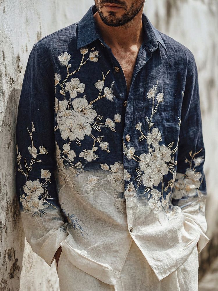 Men's Japanese-style White Almond Blossom Gradient Art Casual Linen Shirt
