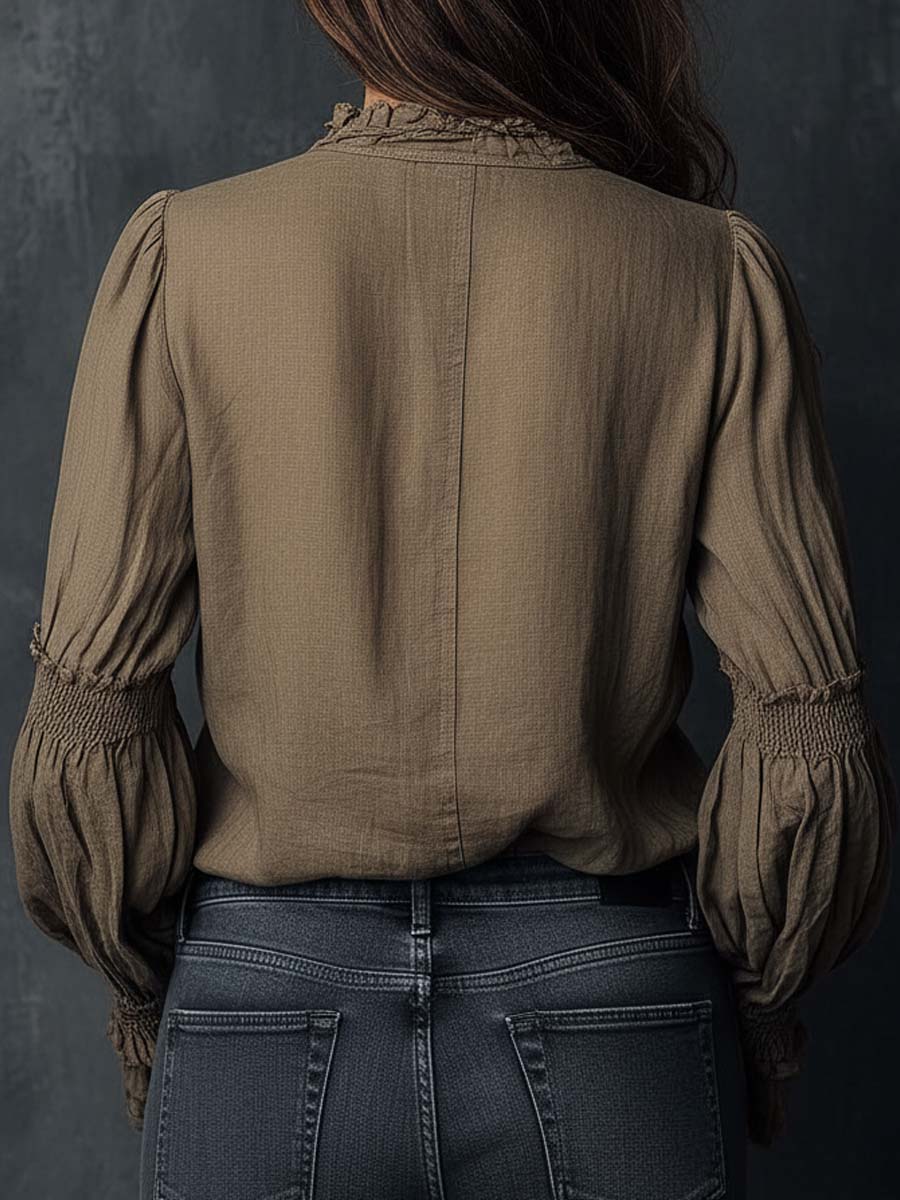 Boho Ruffled Cuff Half-Zip Blouse