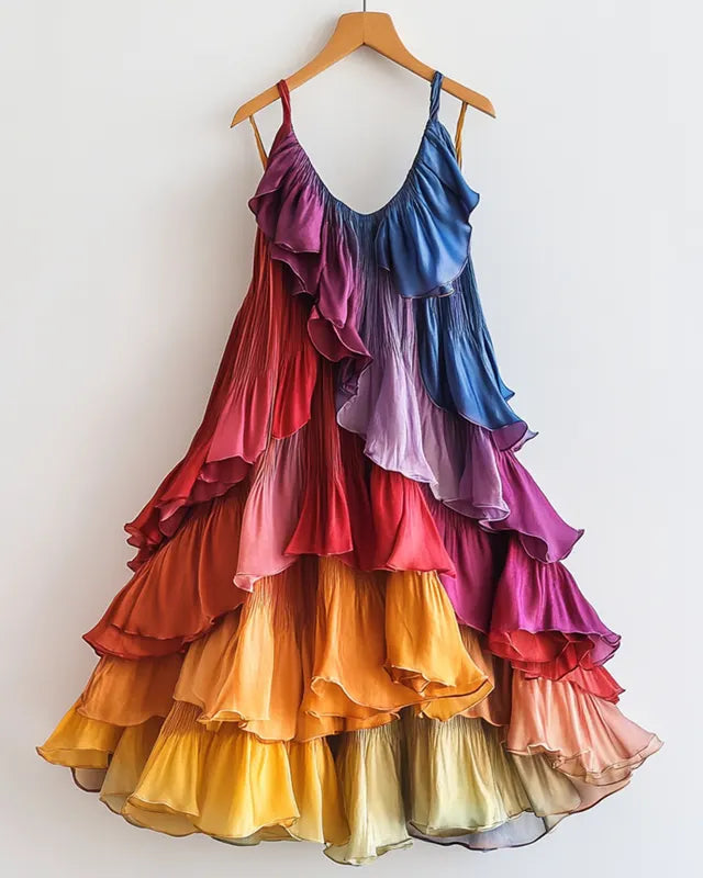 Summer Rainbow Satin Irregular Ruffle Dress  f16f