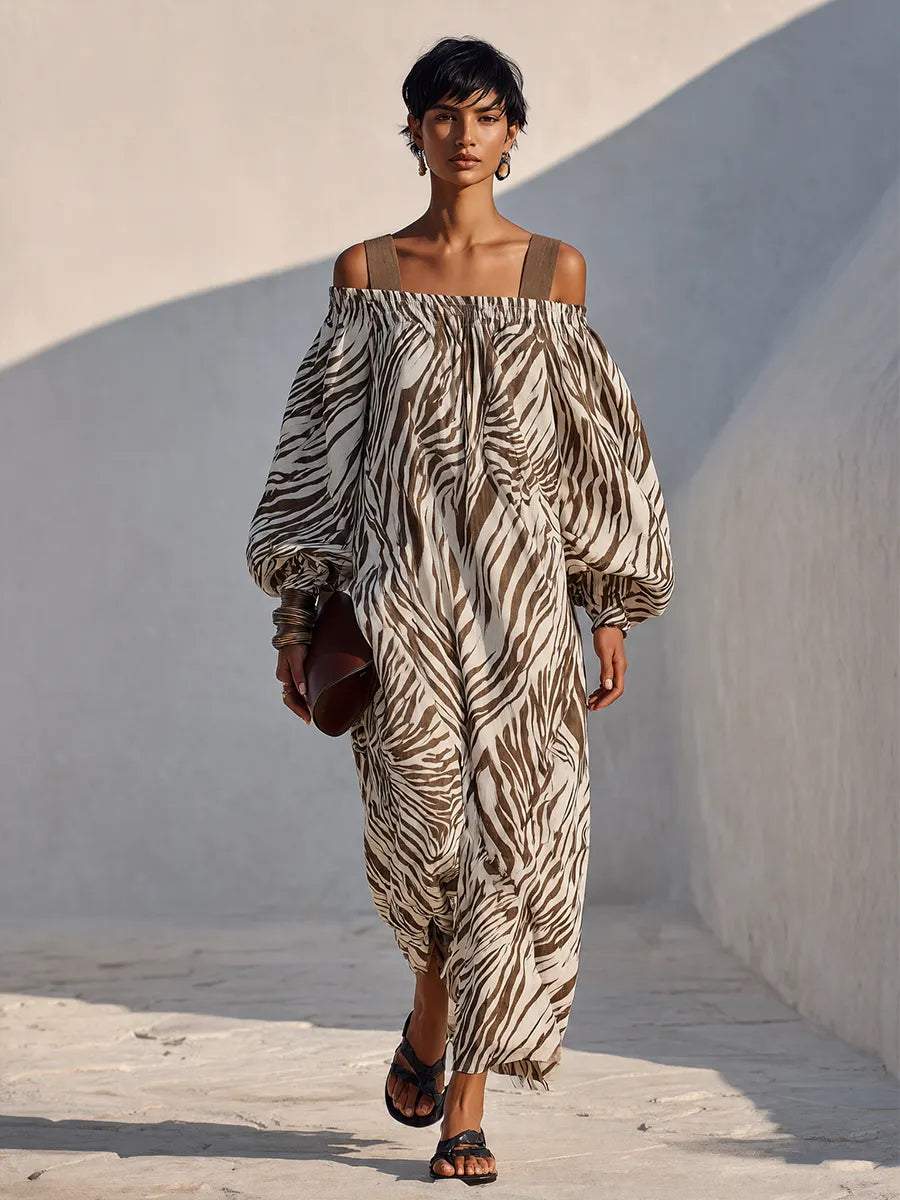 Women's Brown Zebra-Print Linen-Blend Off-Shoulder Maxi Dress MDZ0291G2ZRK