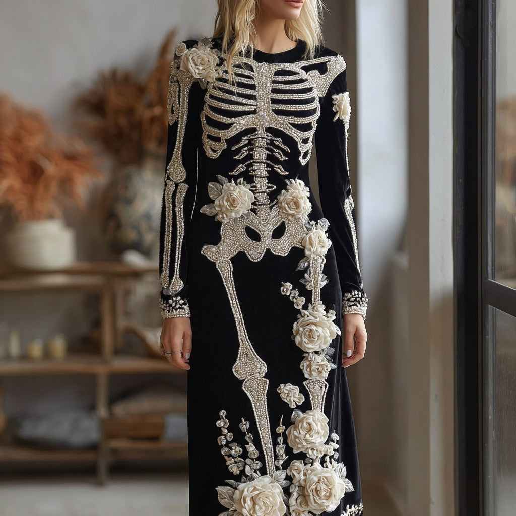 Women's Halloween Dark Gothic Rose Skeleton Velvet Round Neck Maxi Dress