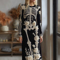 Women's Halloween Dark Gothic Rose Skeleton Velvet Round Neck Maxi Dress
