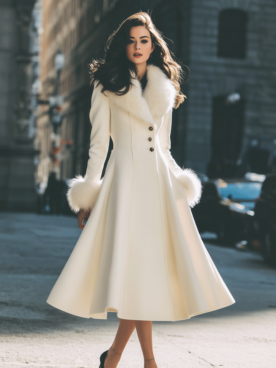 Ivory Flared Coat With Faux Fur Collar And Cuffs