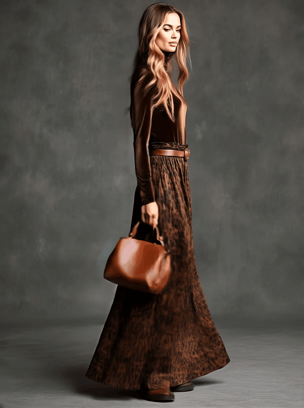 Vintage Turtleneck Velvet Top And Leopard Print Skirt Set