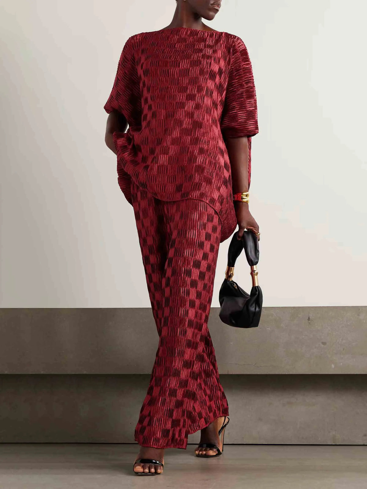 Exquisite Textured High-Waisted Wide-Leg Pants