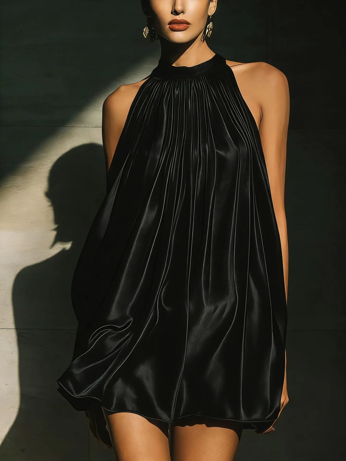 Women's Elegant Halter Neck Pleated Mini Dress - Silk-Touch Loose Flowy Party Swing Dress