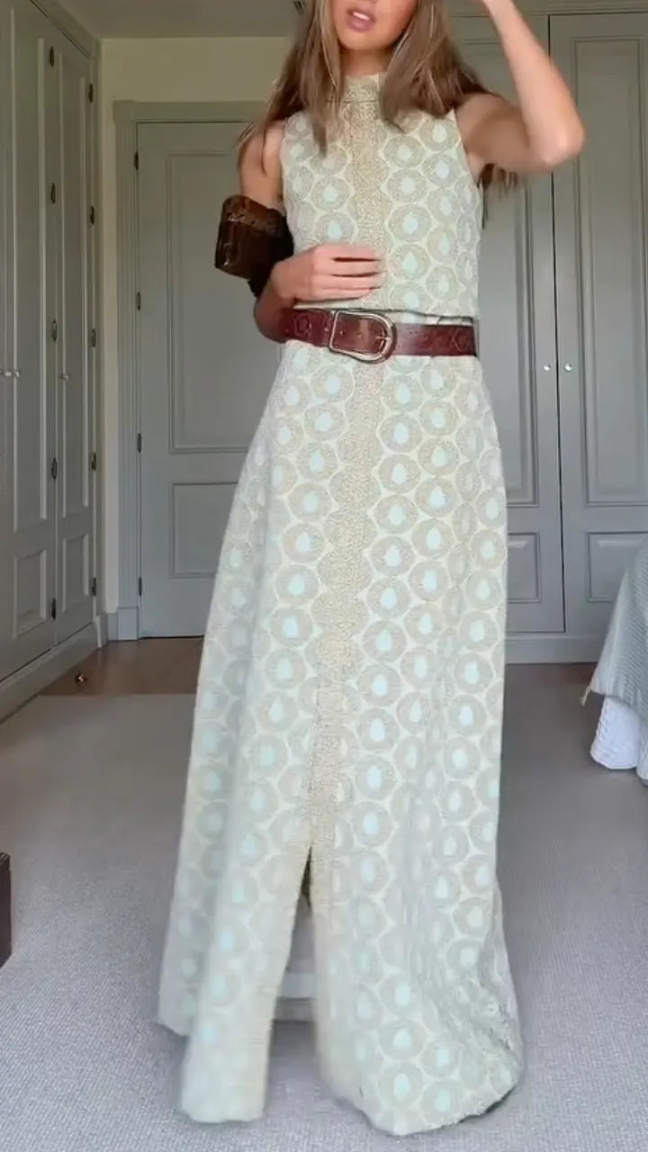 Women's High-Neck, Slit, Printed Elegant Maxi Dress