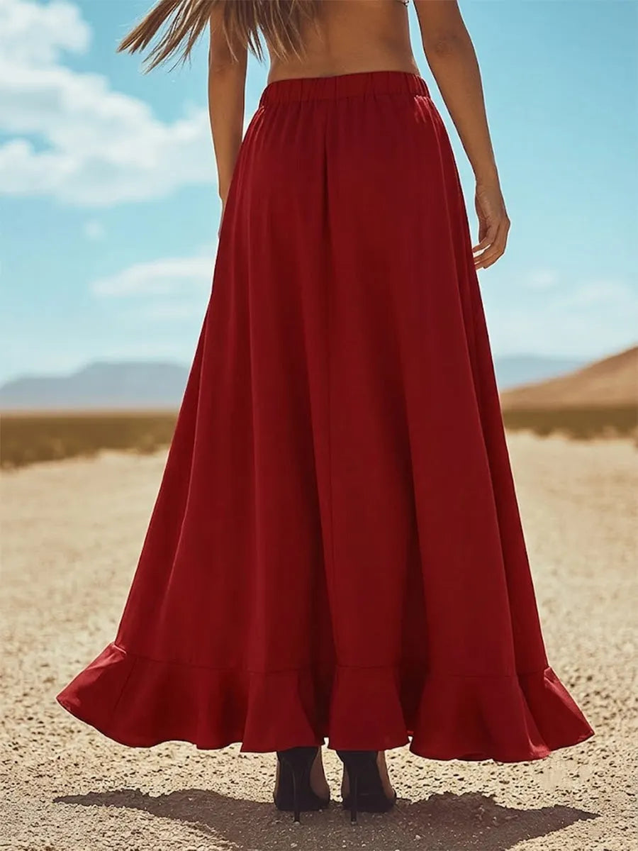 Elastic Waist Front Slit Ruffle Flowy Culottes
