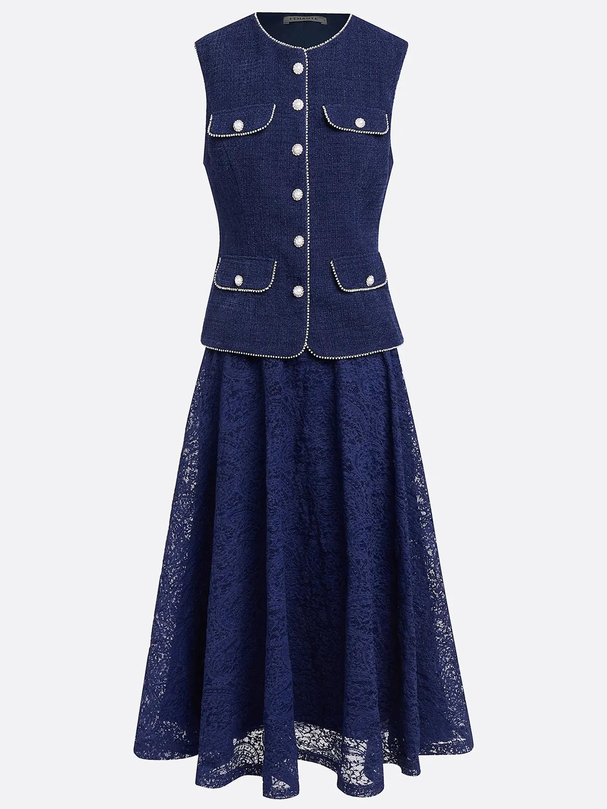 Women Tweed Purplish blue Piping Lace Crew Neck Sleeveless Dressy Coat With Skirt  Two-Piece Set