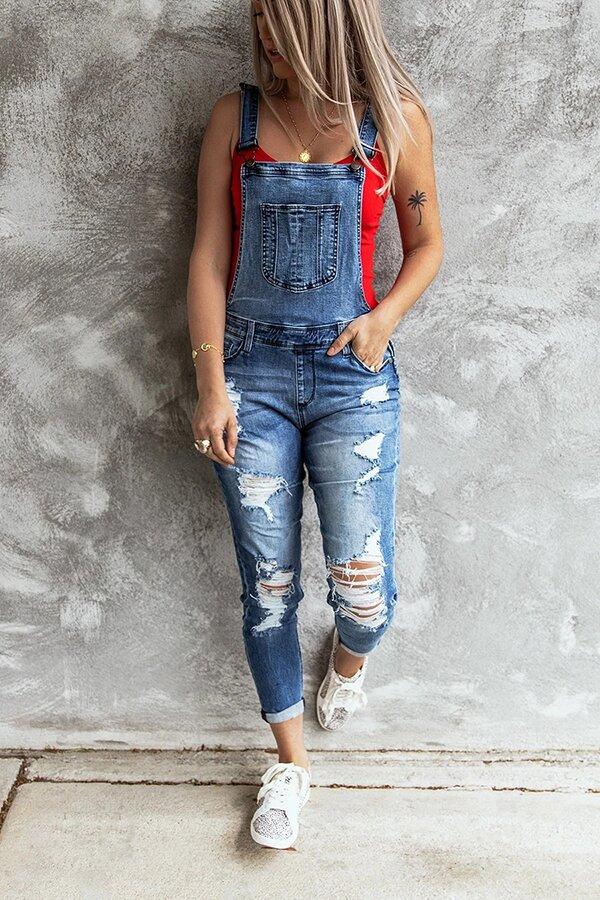 Retro Ripped Stretch Denim Overall