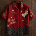 Men's Vintage Ripple Pattern And Crane Art Print Linen Shirt