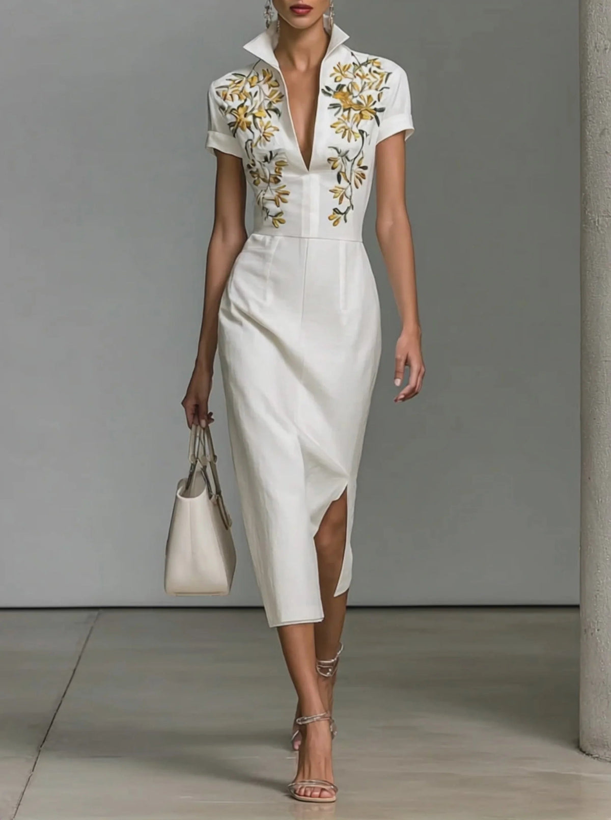 Printed V-neck short-sleeved midi dress