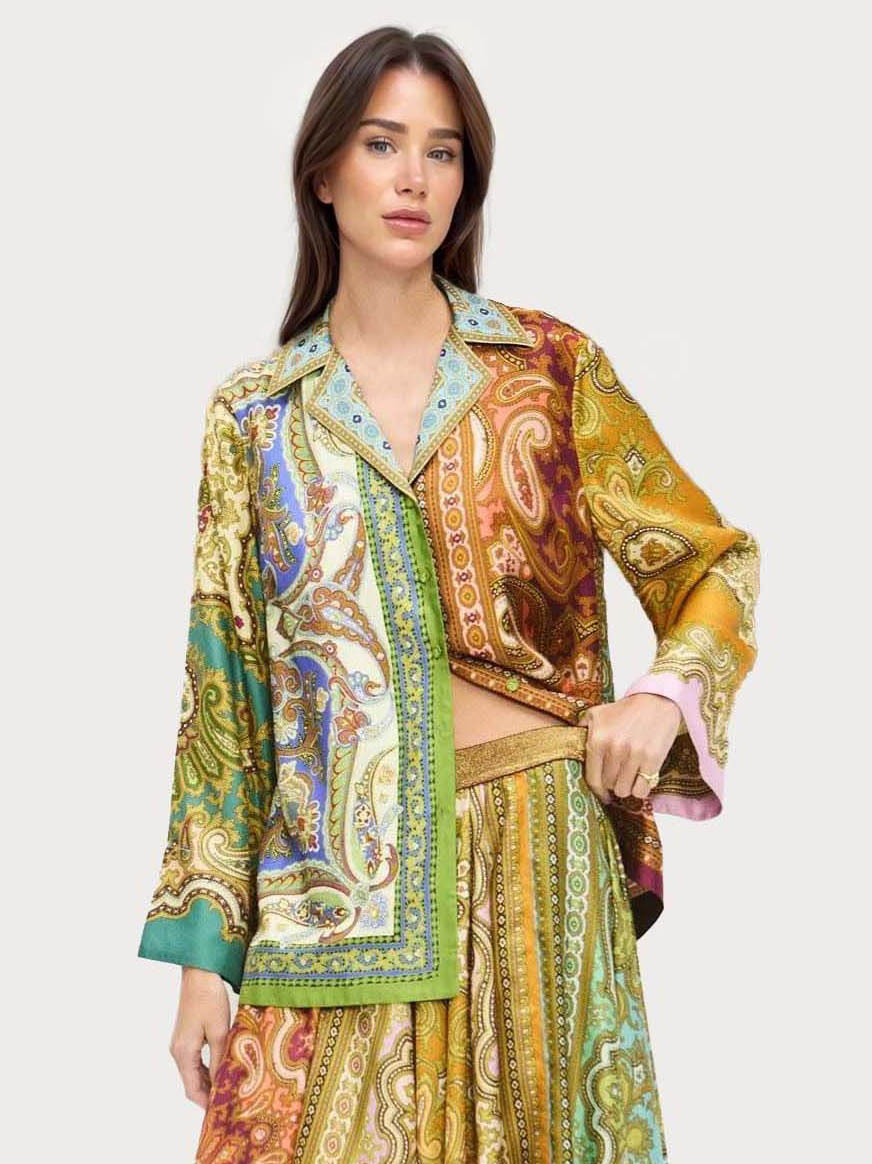Retro Paisley Print Satin Long Sleeve Shirt