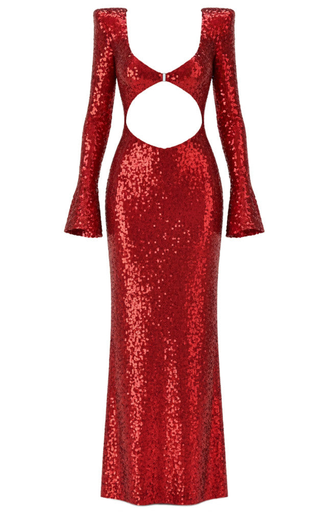 Long Sleeve Cut Out Detail Sequin Maxi Dress Red