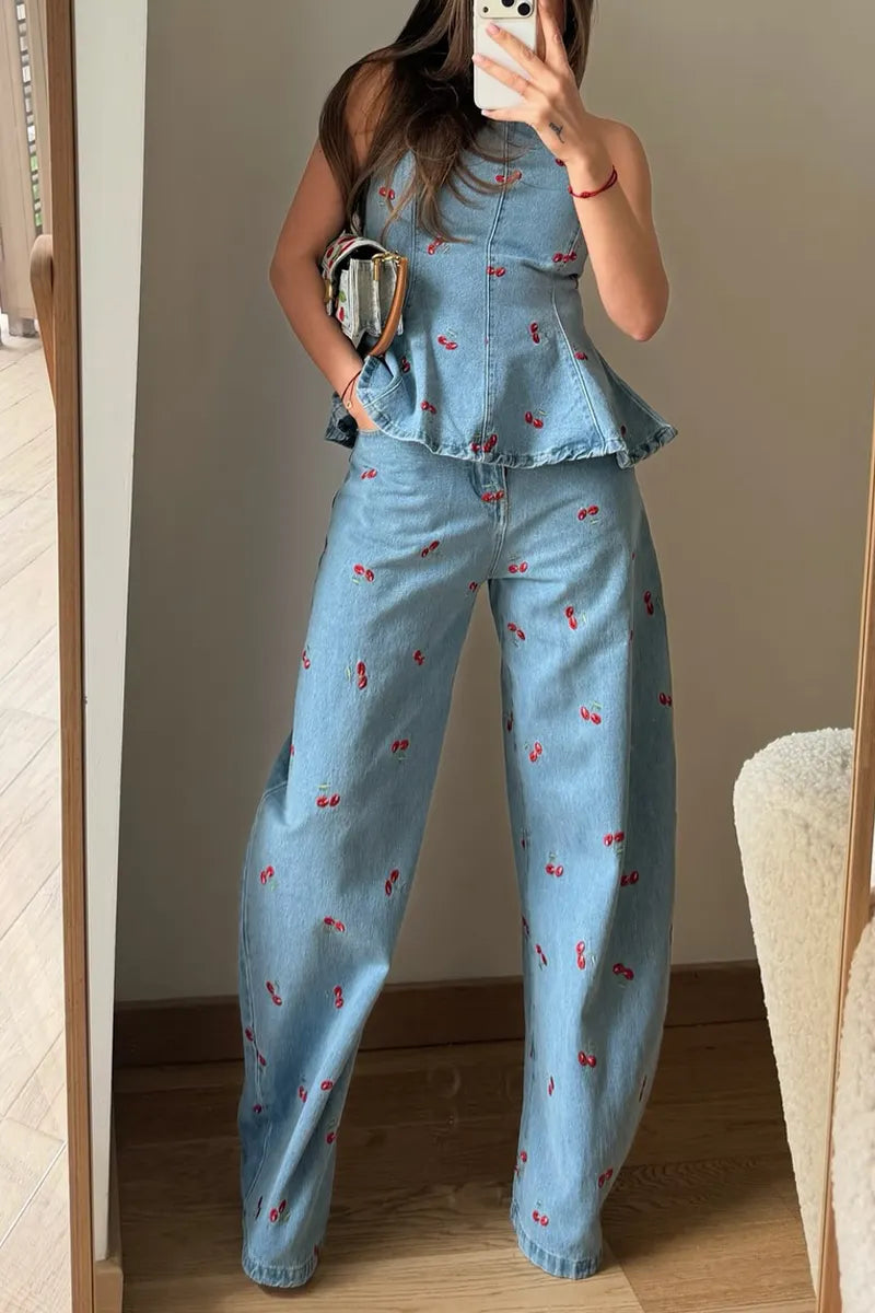Women's Fashion Cherry Pattern Trim Denim Vest & Jeans
