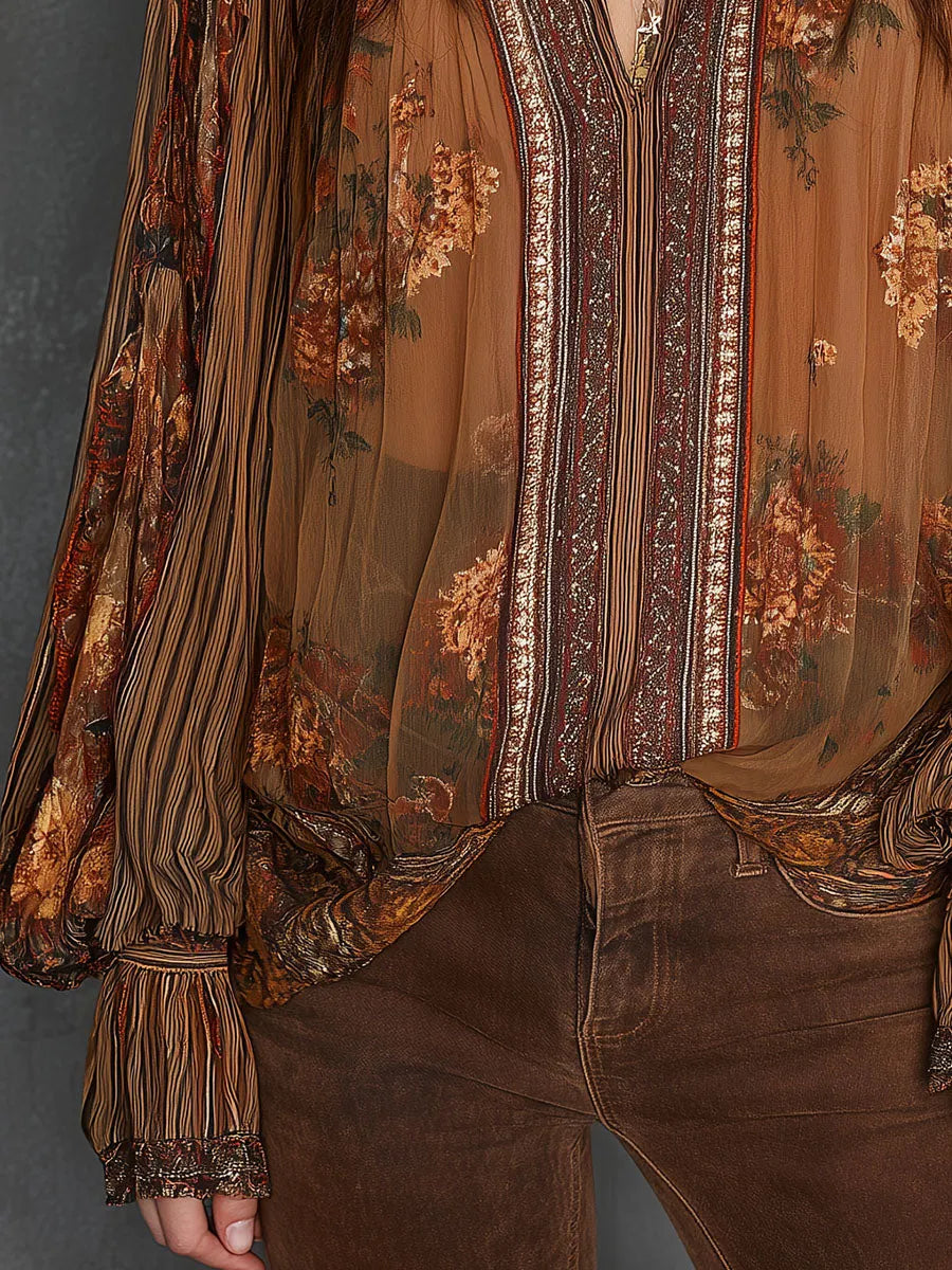 Vintage Boho Sheer Floral Blouse With Billowy Sleeves