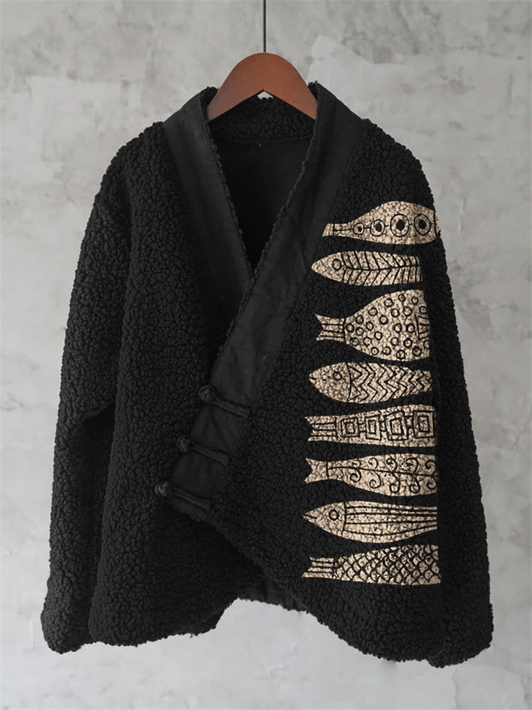 Fish Japanese Lino Art Cozy Fleece Kimono Cardigan