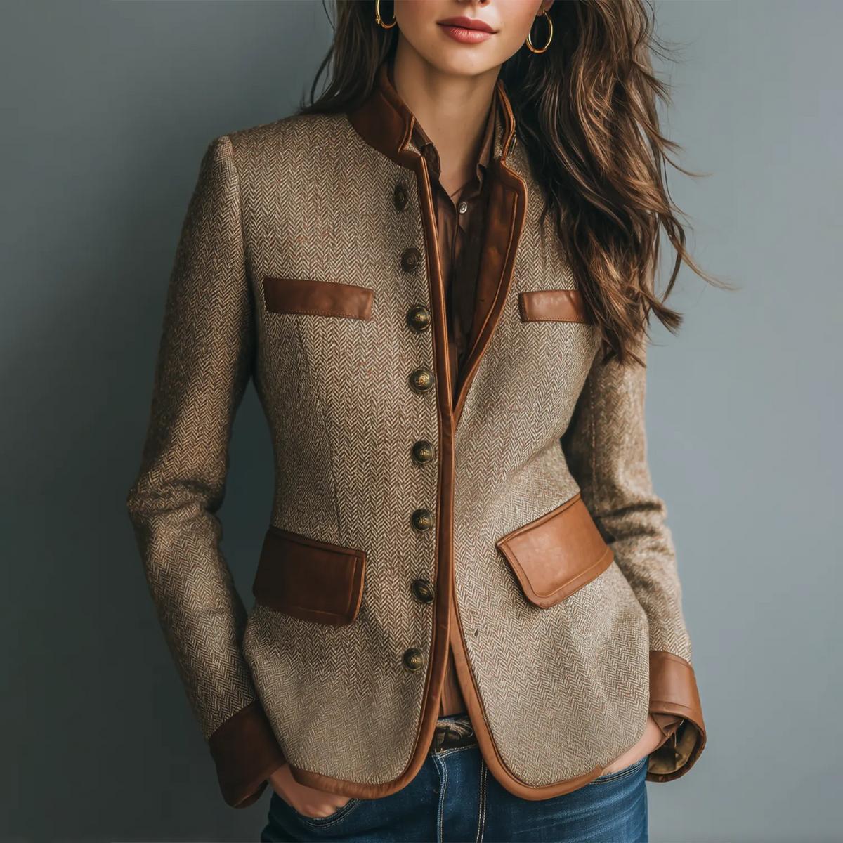 Equestrian Heritage Herringbone Tweed Blazer | Contrast Leather Trim ✨