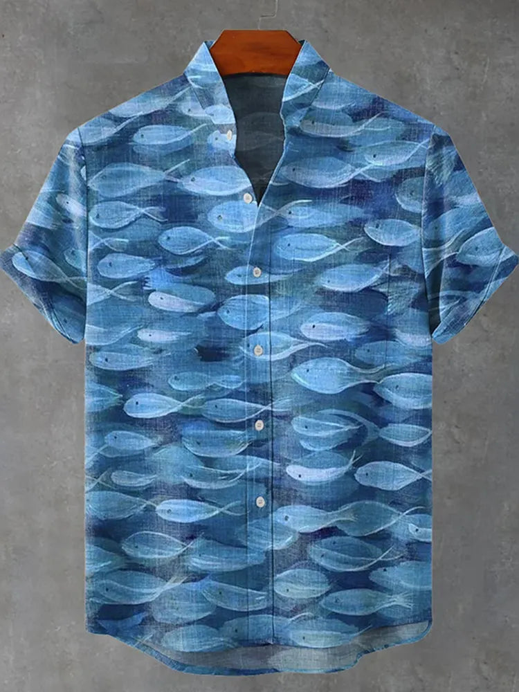 Japanese-style Ocean Pattern Art Print Casual Shirt