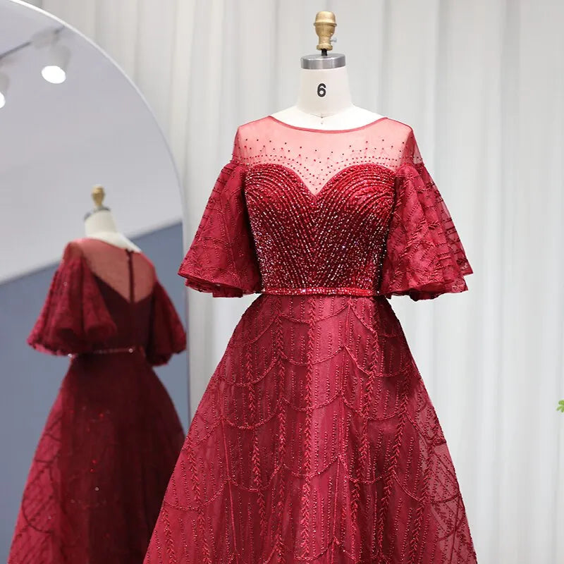 DreamyVow Luxury Dubai Pink Evening Dresses Flare Sleeve Burgundy Arabic Plus Size Formal Dress for Women Wedding Party 057