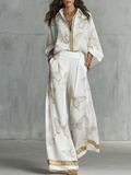 Bohemian Luxe Butterfly Jacquard Blouse & Wide-Leg Pants Set
