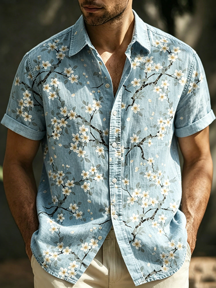 Men's Vintage Floral Art Linen Blend Short Sleeve Shirt