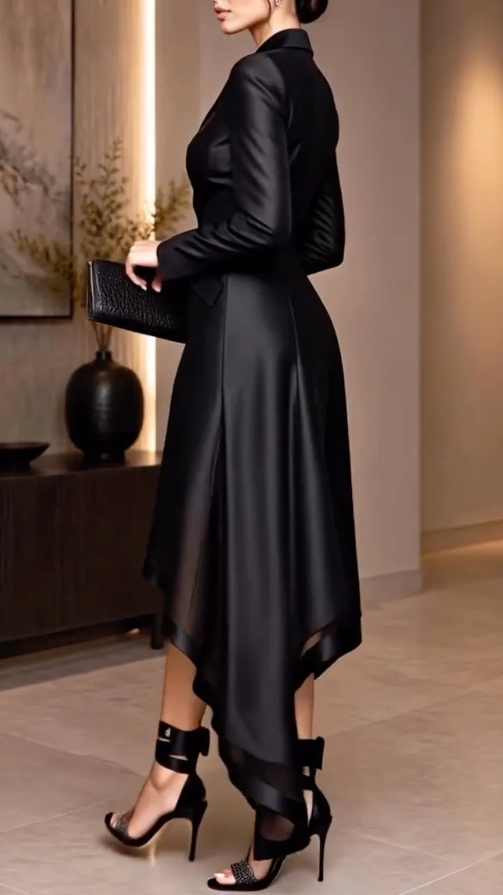 Black Satin High‑Low Blazer Dress