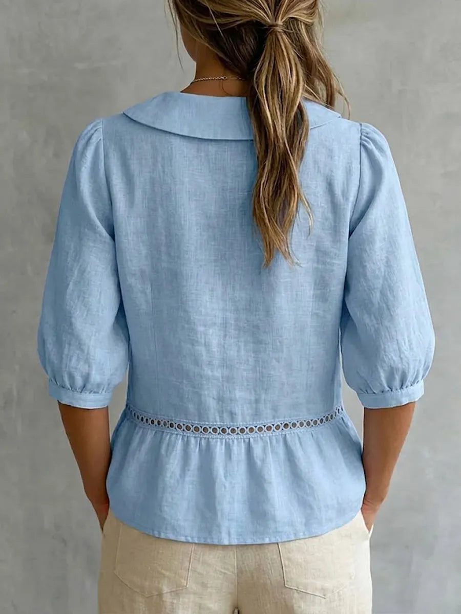Women's Solid-color Peter Pan Collar 3/4-sleeve Casual Loose Cotton-linen Shirt