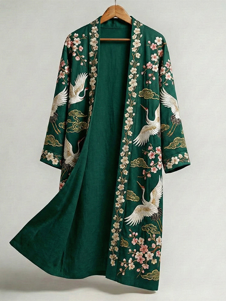 Men's Retro Crane Art Print Linen Long Kimono