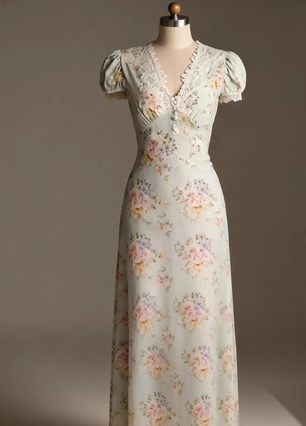 Women's Green Floral Print Chiffon Long Dress Scalloped Lace V-Neck Button Front Summer Sundress