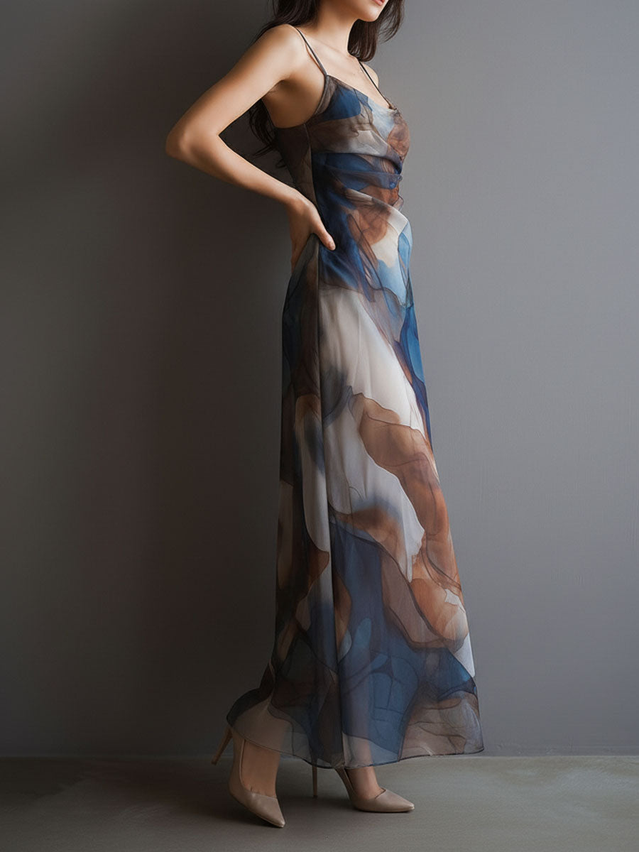Retro Abstract Print Watercolor Chiffon Slip Maxi Dress