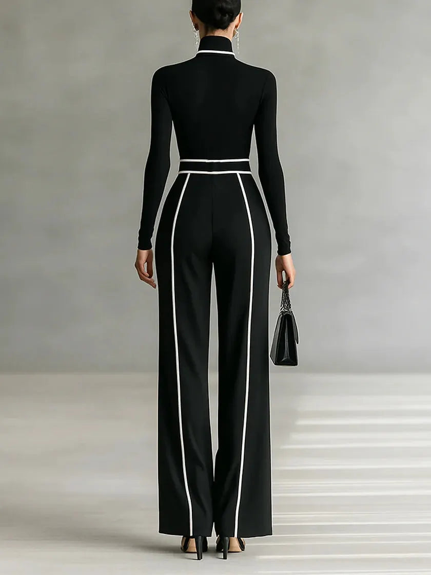White Trim High-neck Long-sleeved Top With Wide-leg Pants and Belt Set