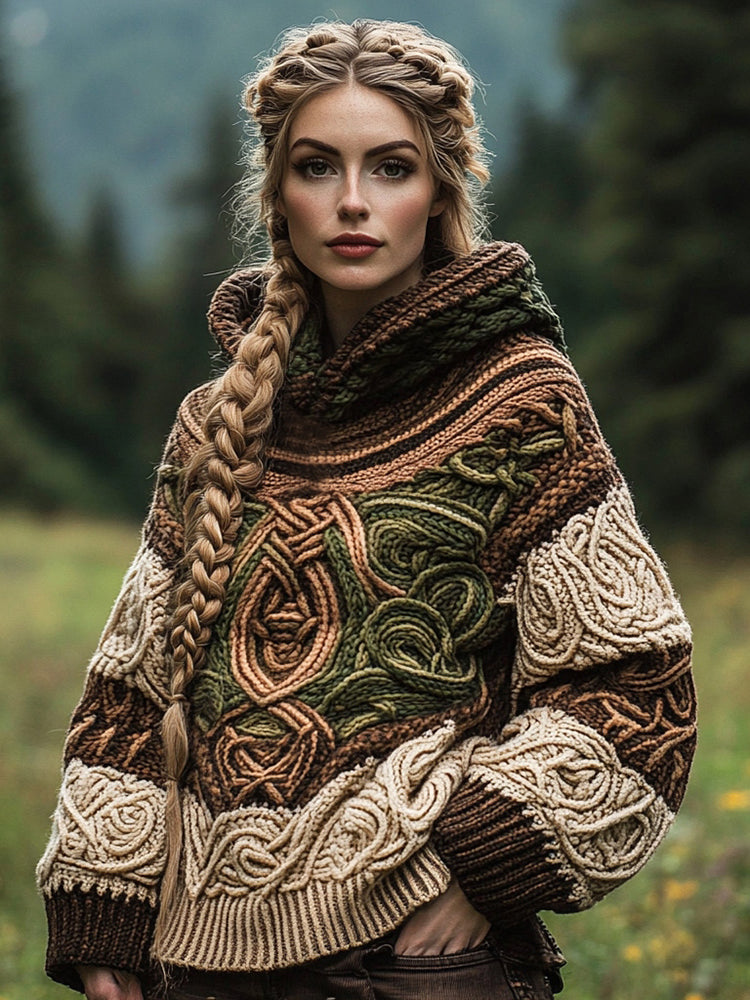 Women's Vintage Celtic Knot Jacquard Hooded Sweater
