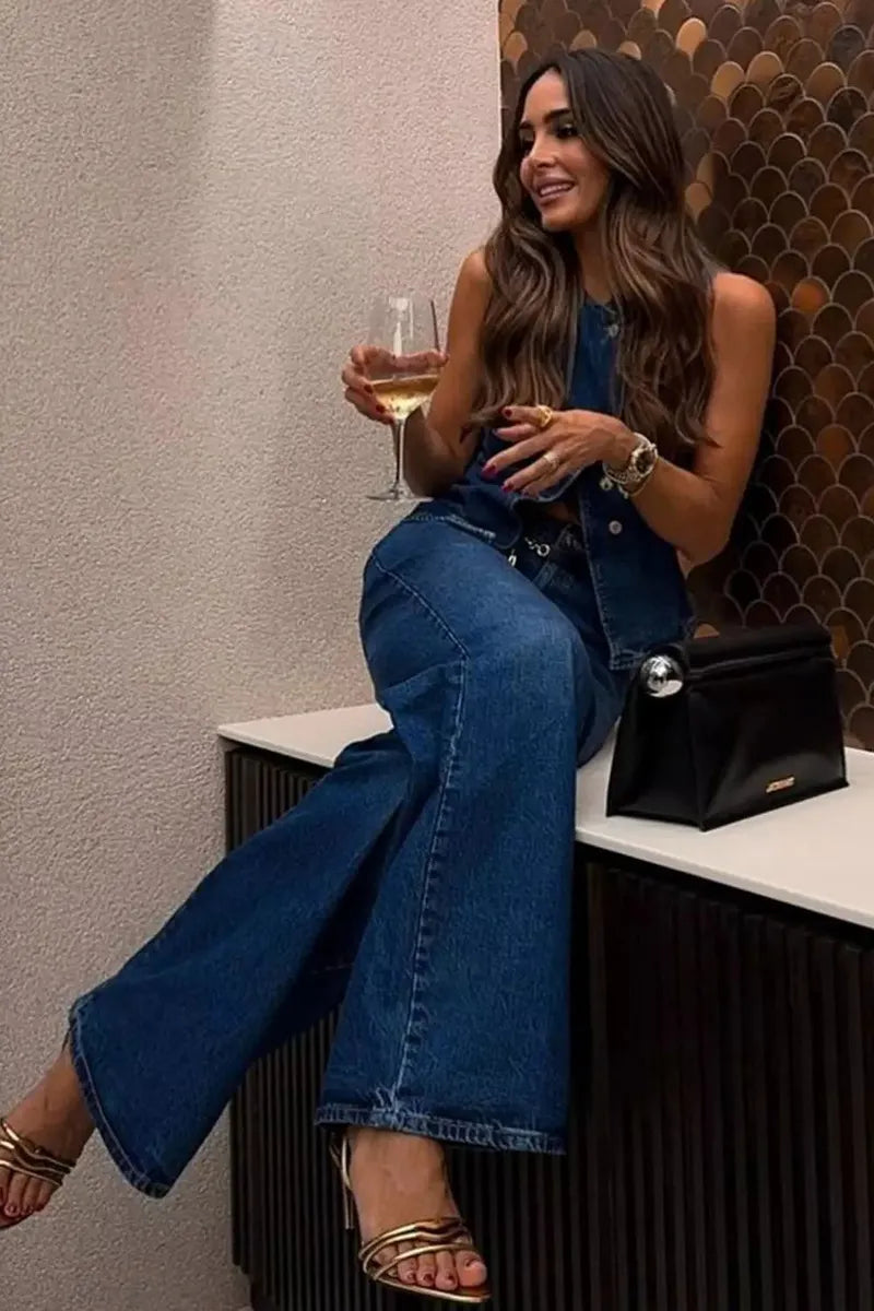 Vintage Inspired Sleeveless Denim Vest + Slimming Jeans  Set