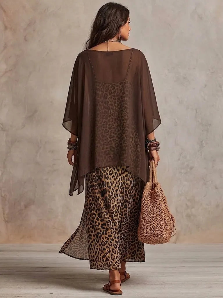 Two-piece Set Featuring A Relaxed, Breezy Chiffon Top And A Leopard-print Cotton Camisole Dress.
