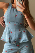 Women's Fashion Cherry Pattern Trim Denim Vest & Jeans