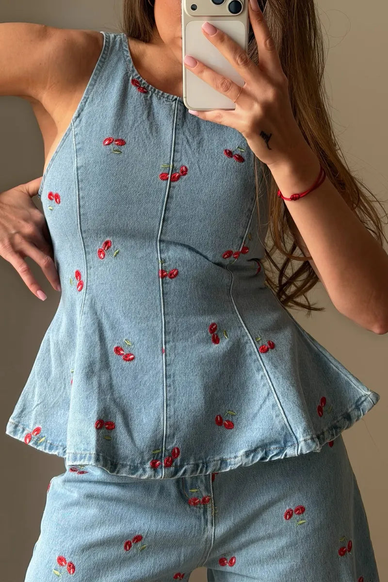 Women's Fashion Cherry Pattern Trim Denim Vest & Jeans
