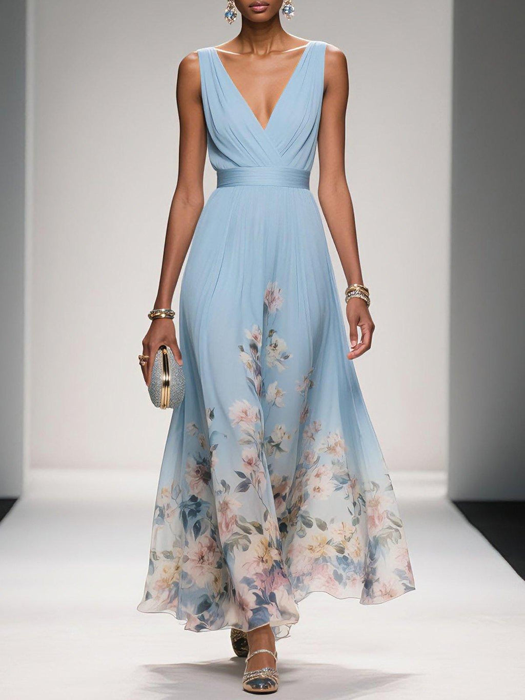 Light Blue Floral Chiffon V Neck Sleeveless A-Line Maxi Dress