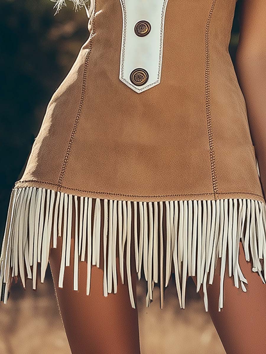 【24-hour shipping out】Trendy Retro Western Lapel Colorblock Tassel Mini Dress