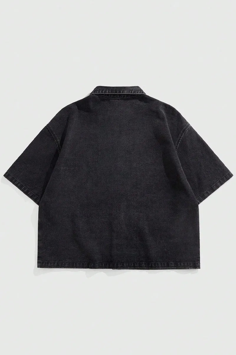 Men's Rhinestone Pattern Cropped Denim Shirt