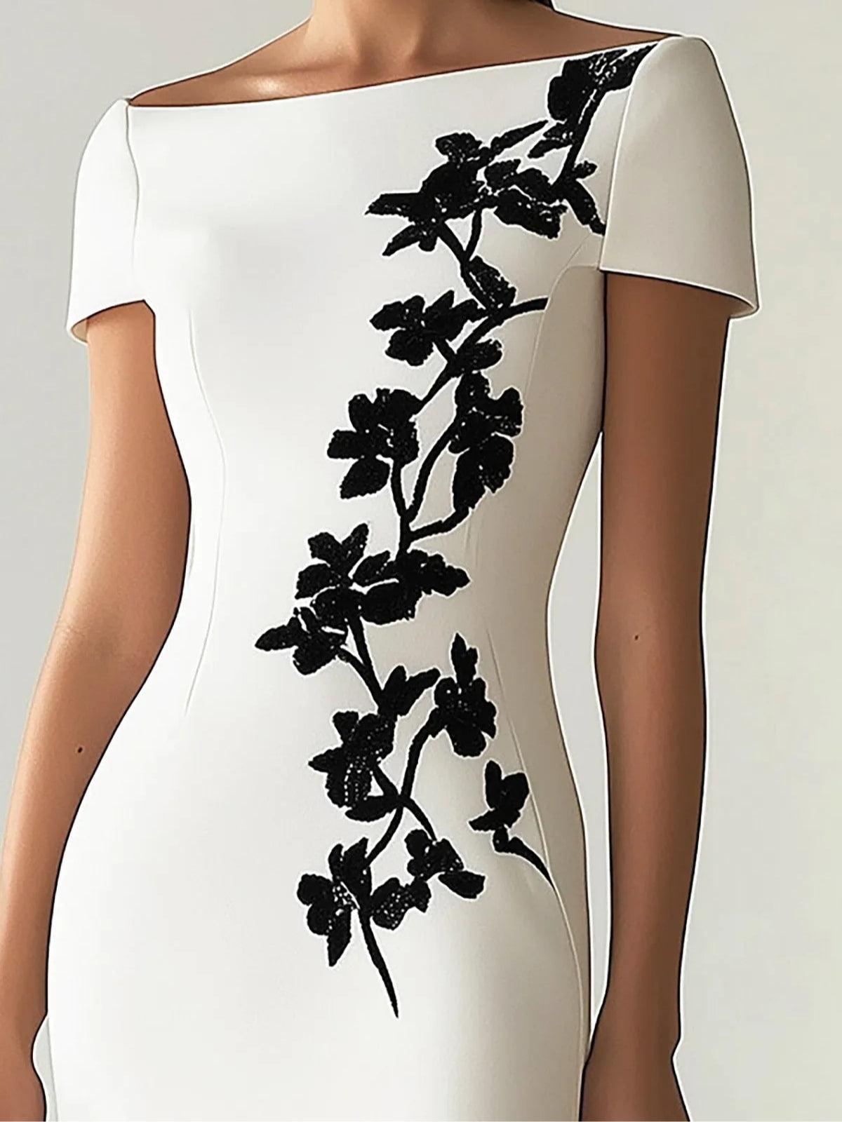 Chic Floral Print Boat Neck Midi Dress