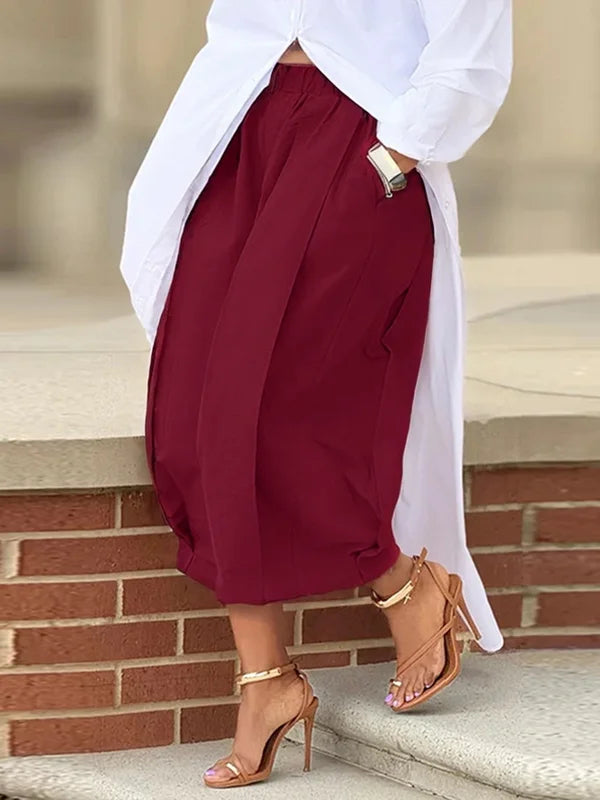 Loose Wide Leg Pleated Pockets Solid Color Pants