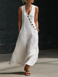 loose sleeveless V-neck diagonal button white dress